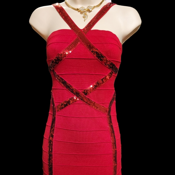 Red Dress S Sequins Party Bandeau Dress - Picture 1 of 11